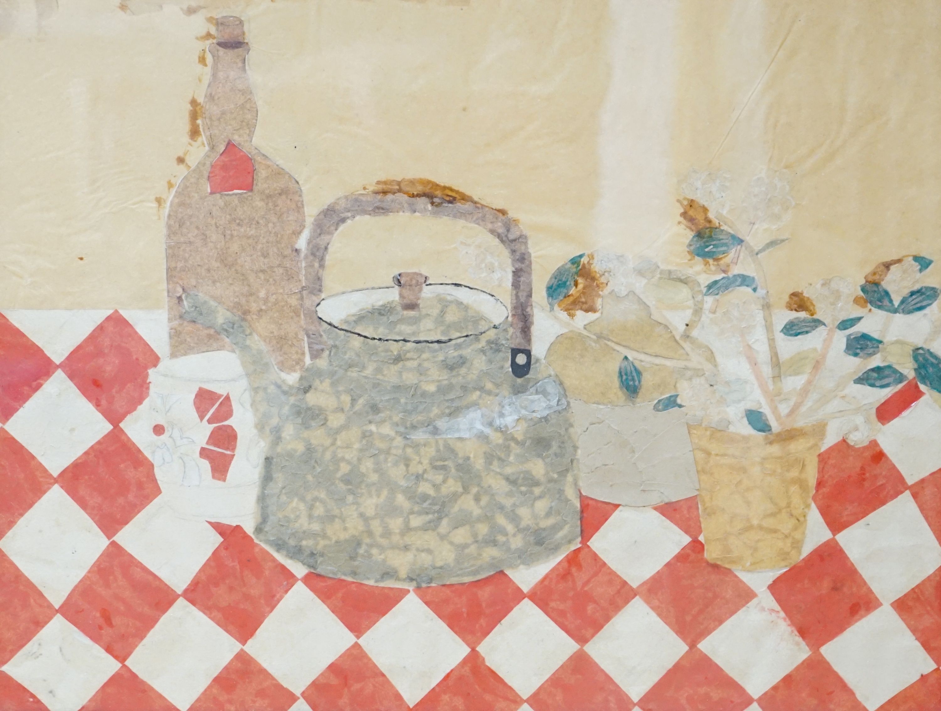 Modern British, collage and watercolour, Table top still life with a kettle, 34 x 44cm
